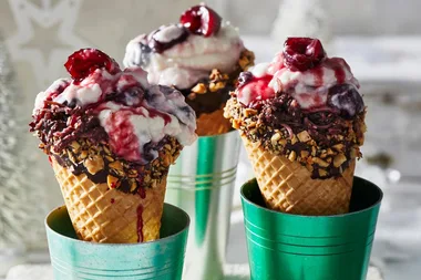 Cheat’s triple cherry waffle cones