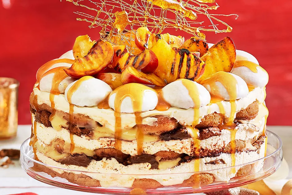 Tipsy trifle cake with grilled peaches and gingerbread Recipe | Better Homes & Gardens Australia