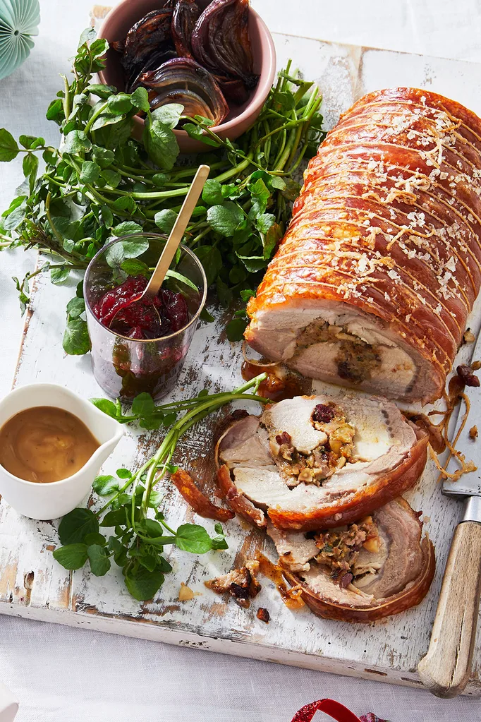 Stuffed roast pork loin with roasted onions