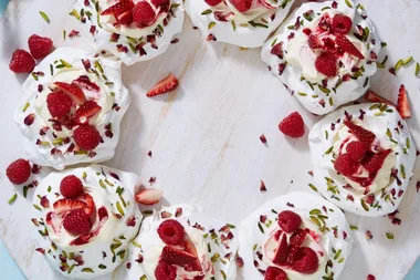Pistachio and rose petal pavlova wreath