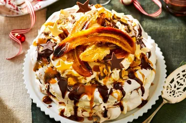 Chocolate, almond and banana pavlova stack