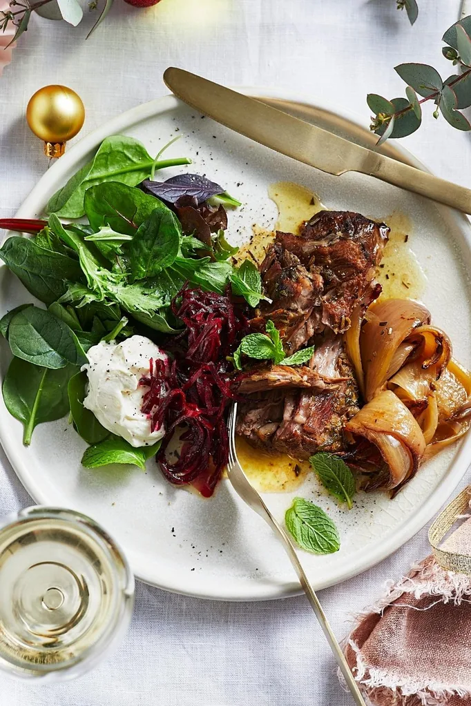 Slow cooked lamb shoulder with beetroot and feta cream