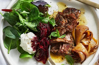 Slow cooked lamb shoulder with beetroot and feta cream
