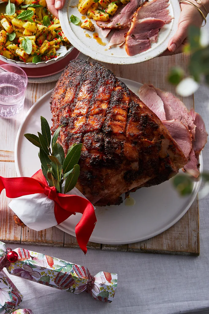 Caribbean-style jerk ham with chargrilled pineapple, mint and rum salsa