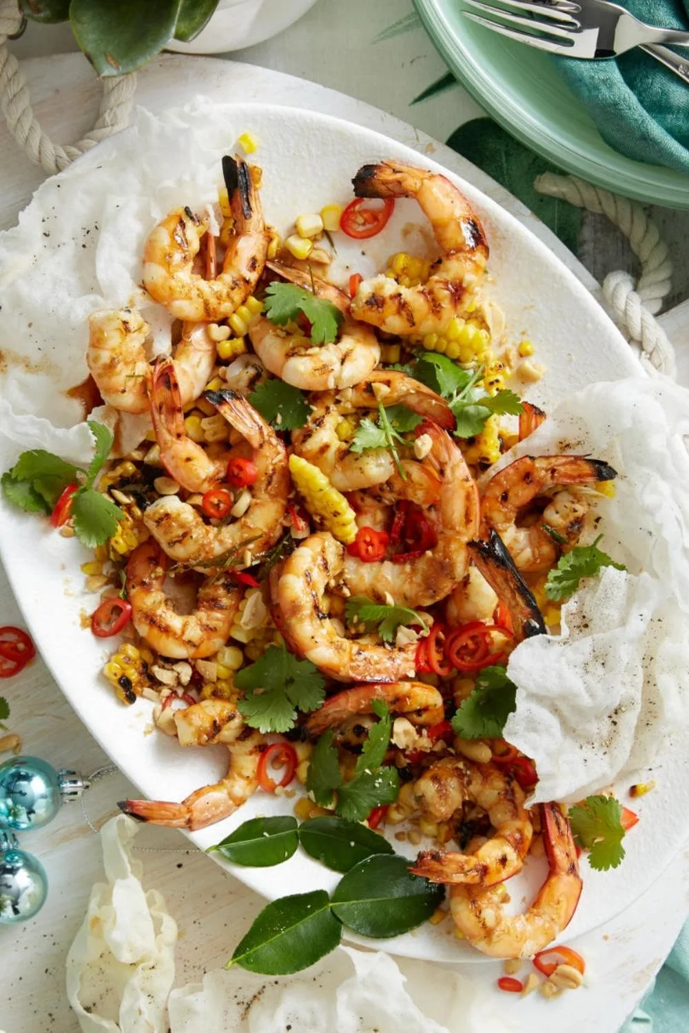 Grilled prawns with sweet corn and caramelised coconut dressing