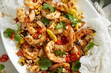 Grilled prawns with sweet corn and caramelised coconut dressing