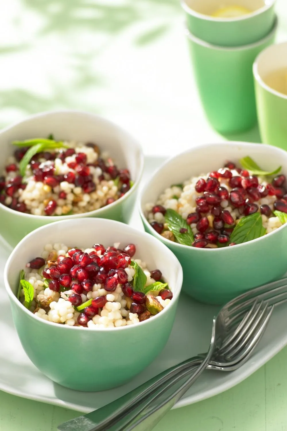 Whip up these little pearls and you’ll feel full of wisdom! Inspired by tabouli, the juicy fruit seeds add a lovely twist to this salad while the toasted pine nuts and pistachios add a textural crunch! Bursting with flavour thanks to the pomegranate molasses and mint, this is the perfect summer salad for any party.