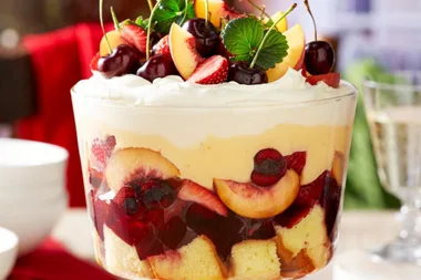 Peach, strawberry and cherry trifle