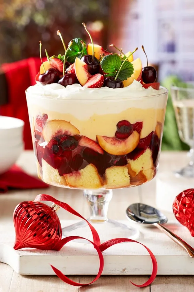 Peach, strawberry and cherry trifle