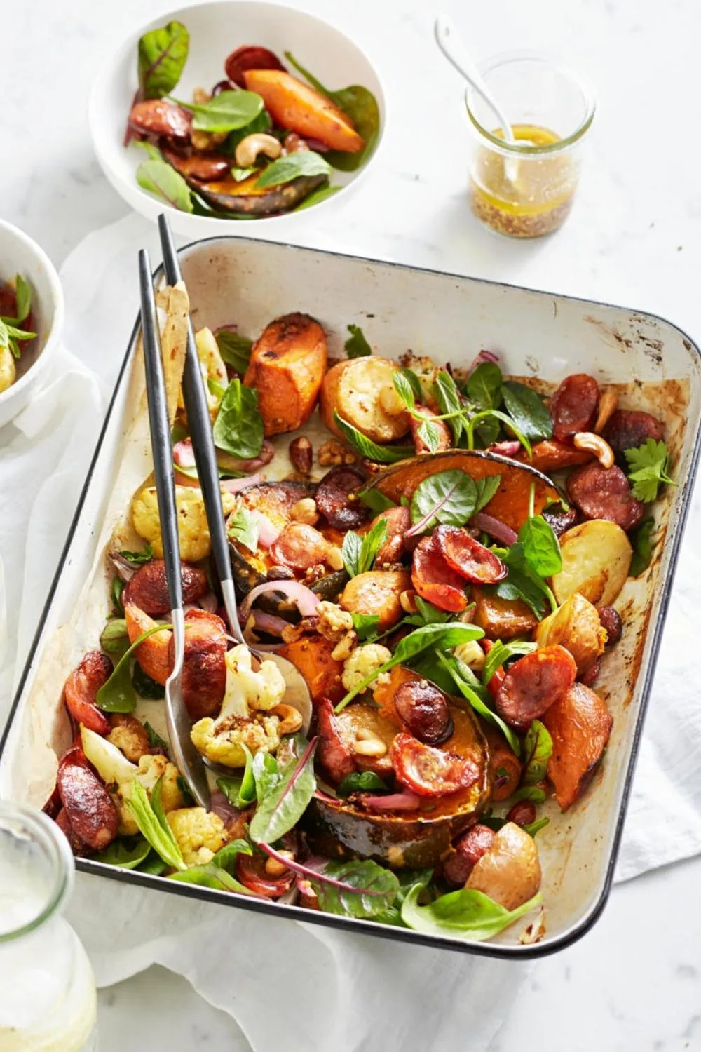 Warm roast vegetable and chorizo salad