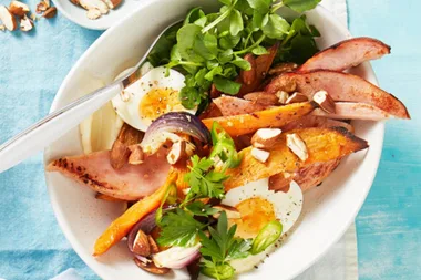 Roast sweet potato and ham salad
