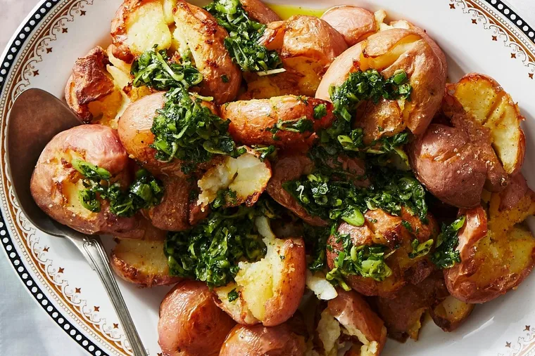 Smashed potatoes with chimichurri