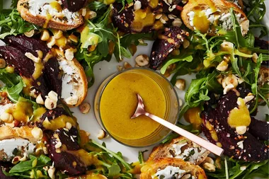 Dukkah beetroot salad wreath with goat’s cheese croutons