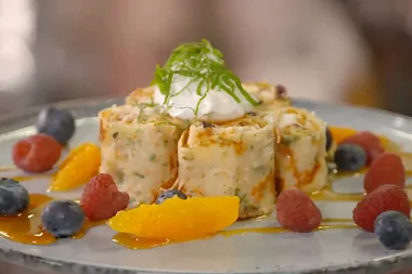 Coconut and mint crepes with Christmas cake and ricotta