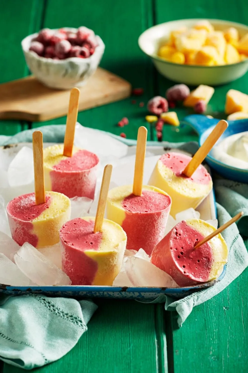 Banana, raspberry and mango frozen yoghurt pops