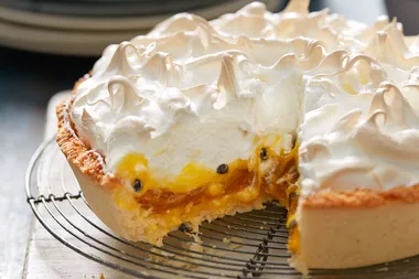 Passionfruit curd and coconut tart with meringue top