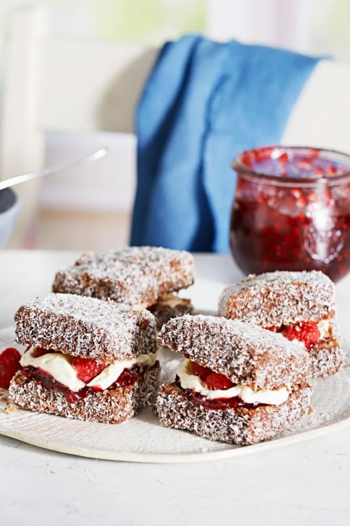 Raspberries and cream lamingtons