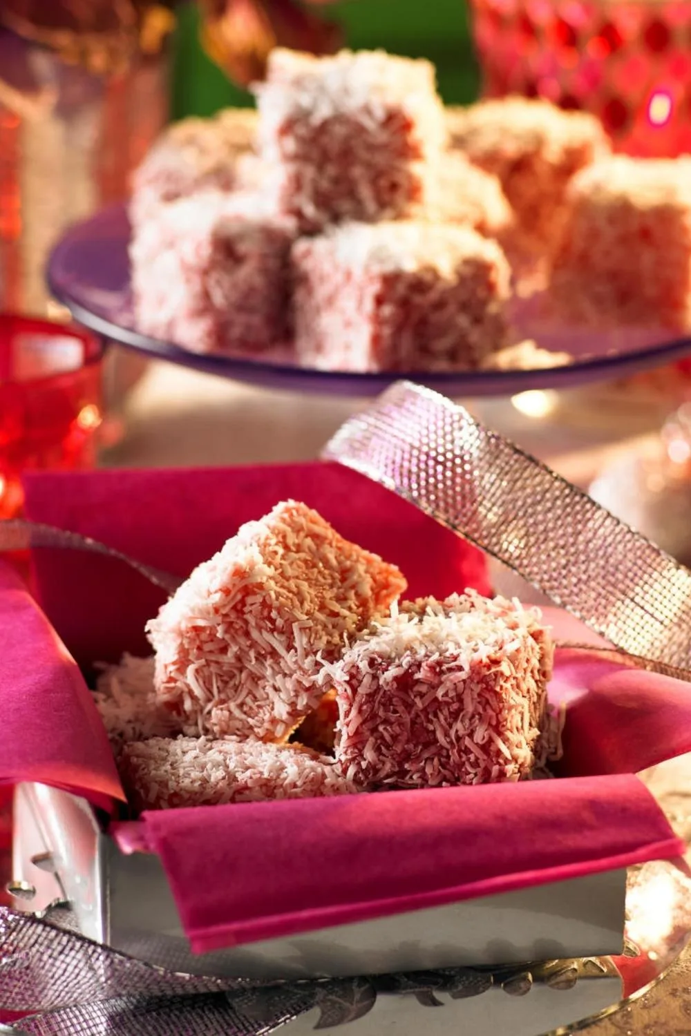 Raspberry and strawberry lamingtons