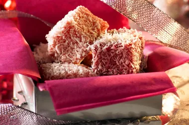 Raspberry and strawberry lamingtons