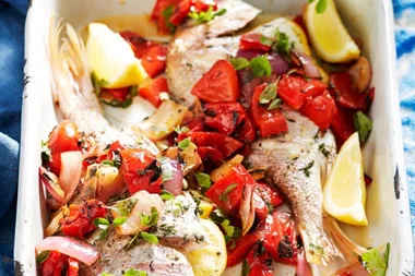 Whole barbecued snapper with salsa rossa