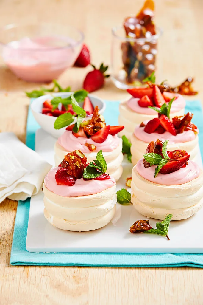 Individual strawberry mousse pavlovas