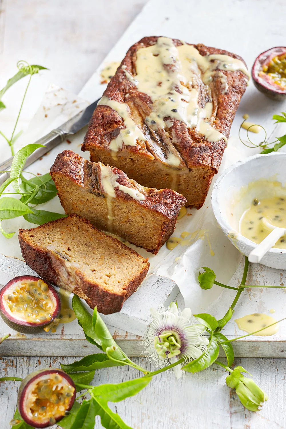 Sweet potato and banana loaf with passionfruit drizzle