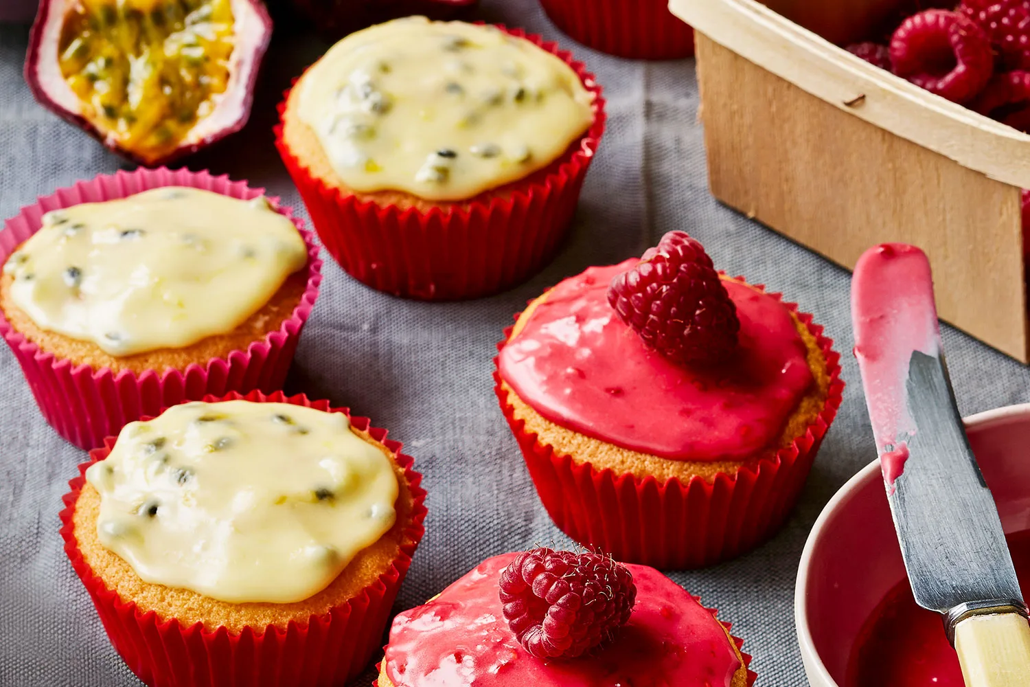 Vanilla cupcakes with fruity icings