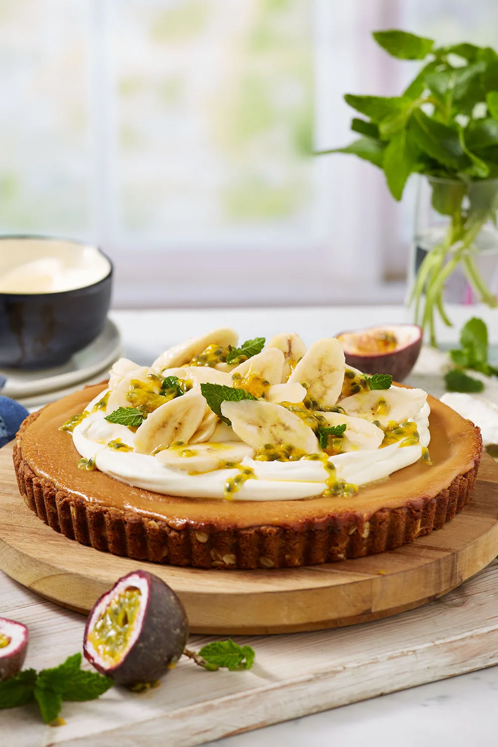 Anzac tart with banana and passionfruit