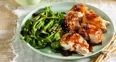 Asian glazed barbecue chicken with steamed greens