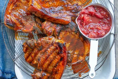 Maple-glazed pork chops with spiced nectarine chutney