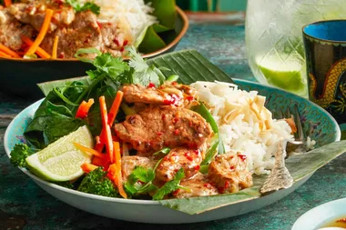 Pork stir-fry with lime, peanuts and coconut rice