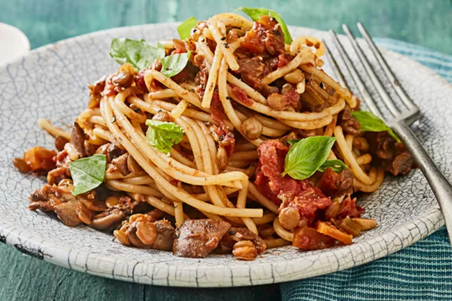 vegan ragu with spaghetti