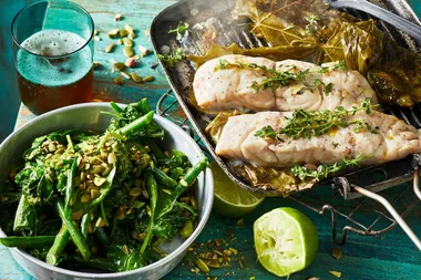 Trevalla in vine leaves with all the greens