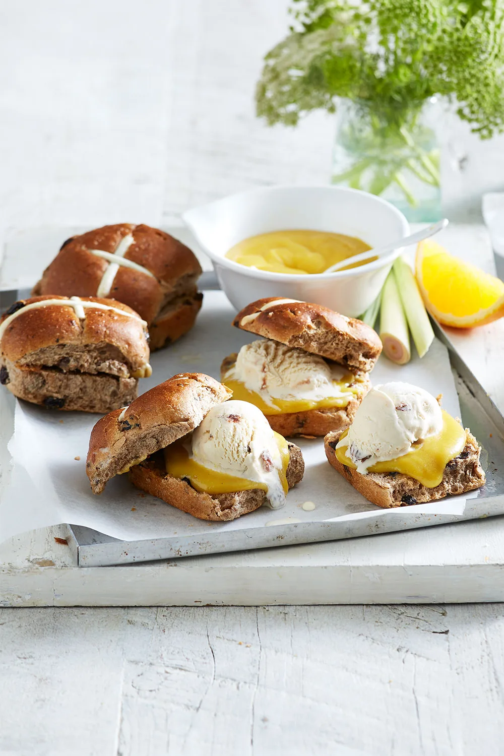 Hot cross buns with orange and lemongrass curd