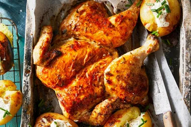 Squashed chicken with beer glaze and jacket potatoes