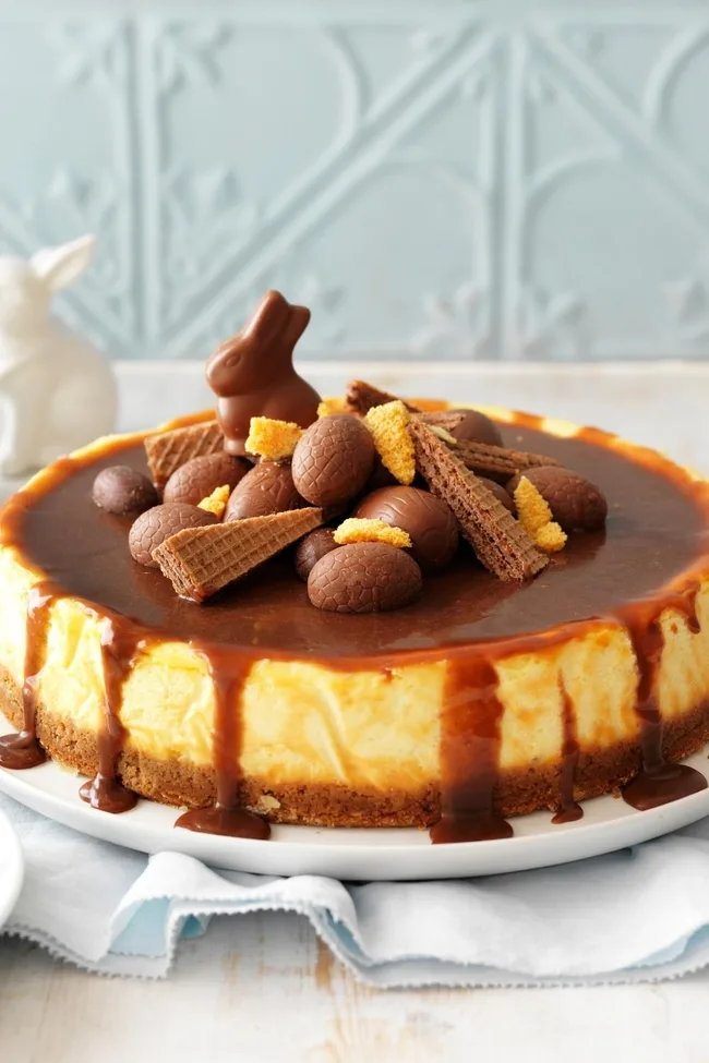 Easter baked cheesecake with choc-caramel sauce
