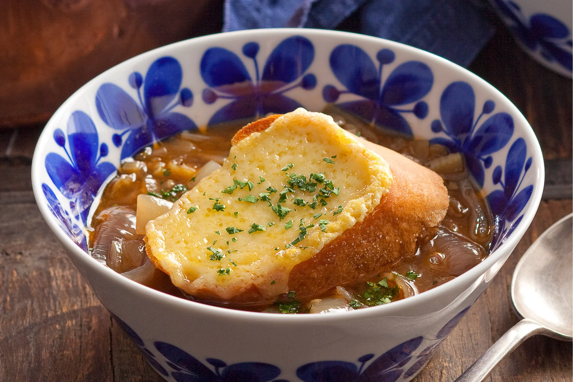 French onion soup with grilled cheese baguette