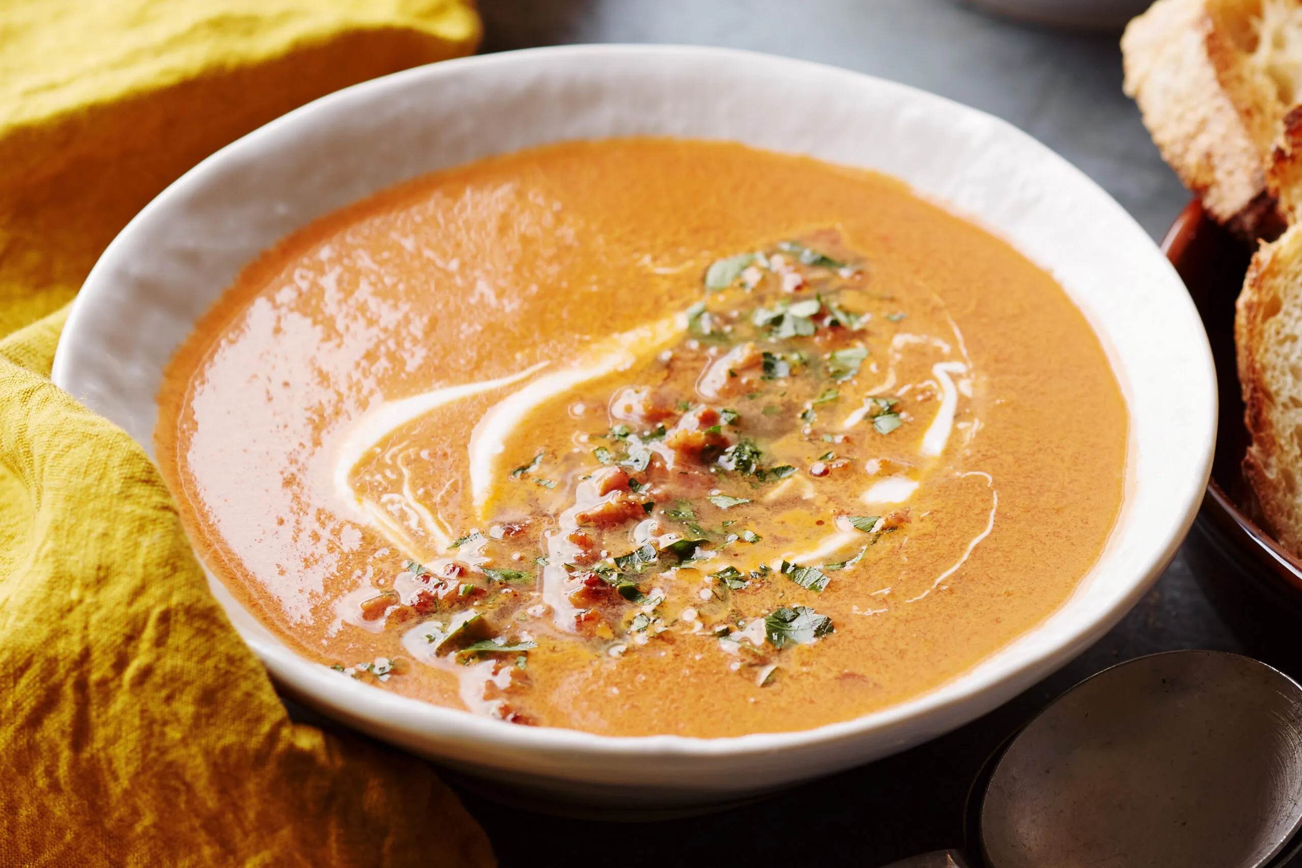 Spiced tomato and chilli soup with smoked bacon