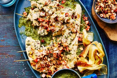 Leek-wrapped barramundi with prawn and hazelnut crunch