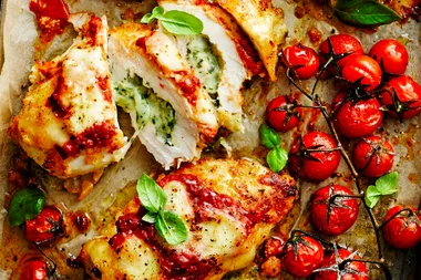 Four-cheese stuffed chicken parmigianas with garlic-bread crumb