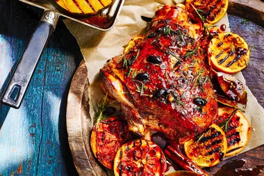 Olive-spiked lamb leg with chinotto glaze