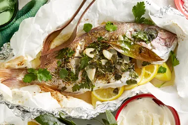BBQ whole snapper with oregano, potato and lemon