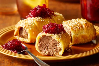 Lattice sausage rolls with beetroot relish