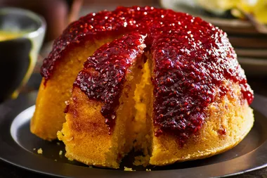 Slow-cooked steamed jam pudding