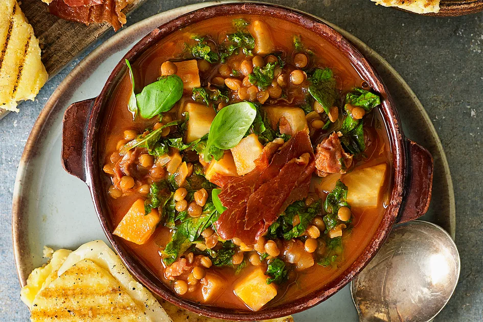 Prosciutto Lentil Soup with Polenta-Provolone Toasts - Better Homes & Gardens Australia