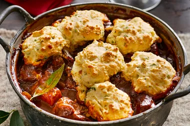 Red wine and peppercorn beef stew with parsley dumplings