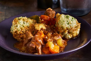 English beef and ale stew with horseradish dumplings