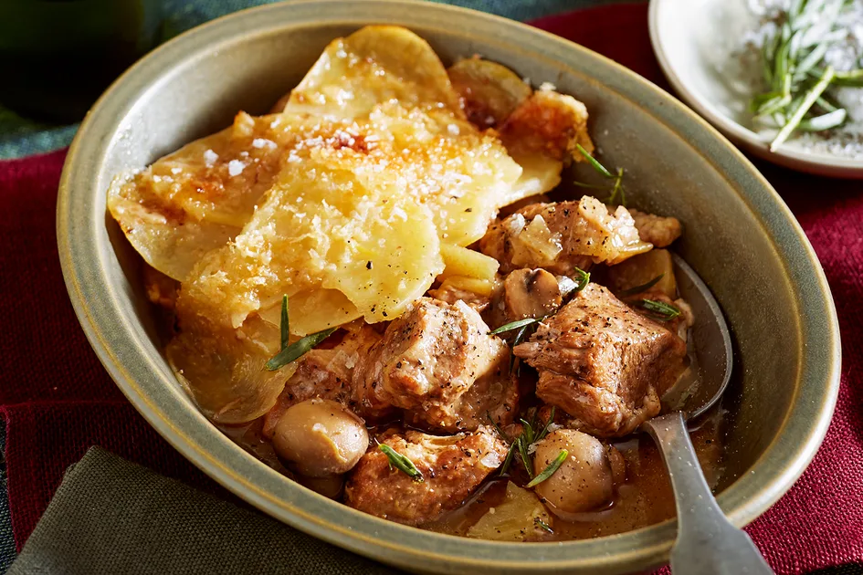 Pork, apple and cider stew with crispy potatoes recipe Recipe | Better Homes &amp; Gardens Australia