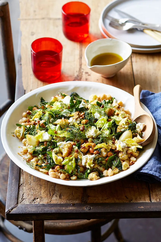 Winter grain salad made from pearl farro and chickpeas
