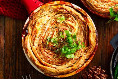 French onion lamb shank pies with herby cheese pastry twists